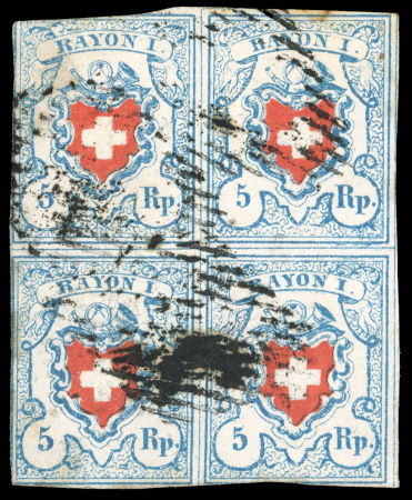 Stamp of Switzerland / Schweiz » Rayonmarken » Rayon I, hellblau, ohne KE (STEIN C2) 1851, Rayon I hellblau im Viererblock, Typen 14-15, 22-23