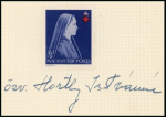 Stamp of Hungary 1942 Red Cross 6f+1P Widow of Istvan Horthys affixed to album page and signed by her underneath
