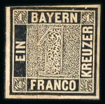 Stamp of German States » Bavaria 1849 1Kr black proof with red silk thread, unused with original gum