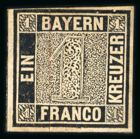 Stamp of German States » Bavaria 1849 1Kr black proof with red silk thread, unused with original gum