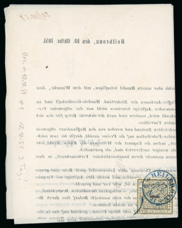 Stamp of German States » Wurttemberg 1851 1(kr), close to large margins, on printed matter (without ribbon) sent from Heilbronn on 1851 (Oct 17) with contents dated five days prior to the first day of usage