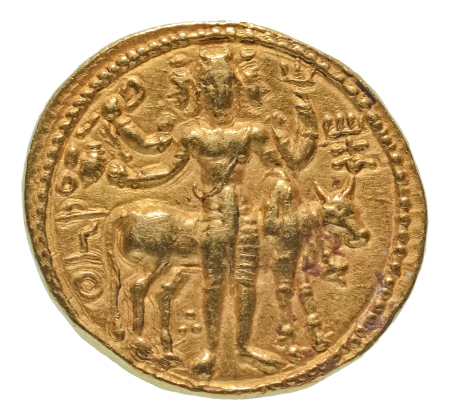 Kushanas, Vasudeva I, c. 190-230, AV dinar, 7.96 g. Oesho Bull