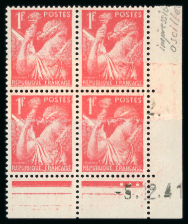 Stamp of France » Variétés et curiosités 1941, Iris Y&T n°433, 1f rose en bloc de 4 coin daté