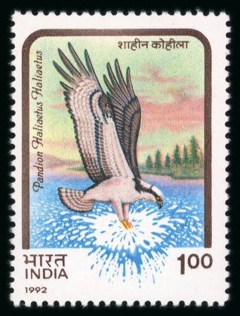 Stamp of India » Dominion 1992 Birds of Prey 2r Osprey with error of value 1r instead of 2r and the wrong name of the bird in the Hindi inscription