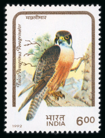 Stamp of India » Dominion 1992 Birds of Prey 6r Peregrine Falcon error of Hindi inscription with "Machlimaar" (Osprey)