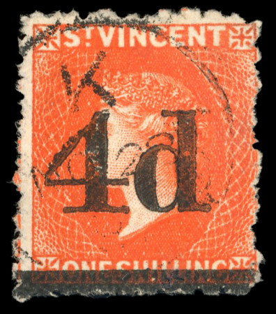 Stamp of St. Vincent 1881 4d on 1s bright vermilion, light "K" cds, very fine