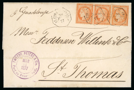Stamp of Haiti » French Consular Mail 1877 French Consular Mail 40c Ceres strip three on entire