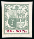 Stamp of Mauritius » 1900-05 Arms Issue (SG 138-155) 1900-05 Arms 2r50c imperf. colour trial in green on white with handpainted "2Rs 50Cts" in red in the duty tablet