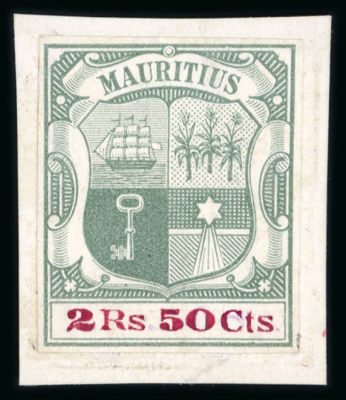 Stamp of Mauritius » 1900-05 Arms Issue (SG 138-155) 1900-05 Arms 2r50c imperf. colour trial in green on white with handpainted "2Rs 50Cts" in red in the duty tablet