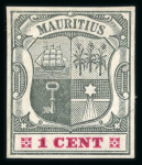 Stamp of Mauritius » 1900-05 Arms Issue (SG 138-155) 1900-05 Arms 1c group of 7 imperforate colour trials on different paper and different head/duty plate combinations