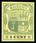 Stamp of Mauritius » 1900-05 Arms Issue (SG 138-155) 1900-05 Arms 1c group of 7 imperforate colour trials on different paper and different head/duty plate combinations