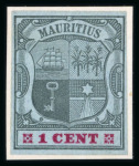 Stamp of Mauritius » 1900-05 Arms Issue (SG 138-155) 1900-05 Arms 1c group of 7 imperforate colour trials on different paper and different head/duty plate combinations