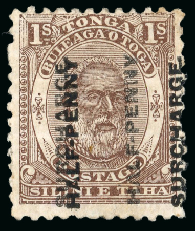 Stamp of Tonga 1894 1/2d on 1s brown with double surcharge variety, mint o.g.
