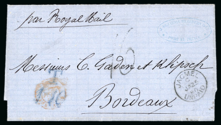 Stamp of Haiti » British Post Offices in Haiti » Jacmel Haiti 1880 Jacmel Unpaid entire to France and 1874 entire to Havre bearing very fine red JACMEL PAID