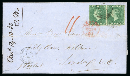 Stamp of St. Vincent 1863 (Sep 24) entire letter to London, bearing 6d deep green pair