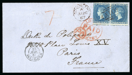 Stamp of St. Vincent St Vincent 1867 4d blue pair cover to Paris