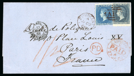 Stamp of St. Vincent St Vincent 1868 4d blue and 1s slate-grey cover to Paris