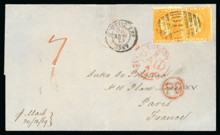 Stamp of St. Vincent Saint Vincent 1869 4d yellow pair cover to Paris