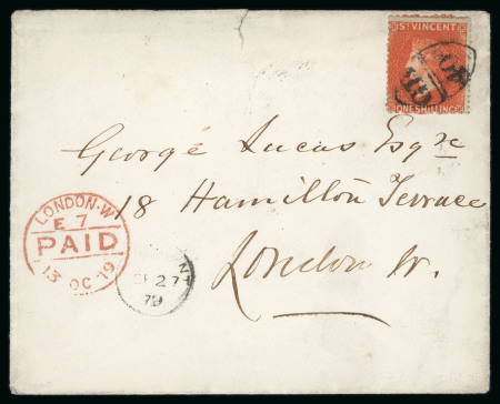 Stamp of St. Vincent Saint Vincent 1879 1s vermilion cover to London cancelled accountancy handstamp