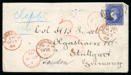 Stamp of St. Vincent Saint Vincent 1883 4d ultramarine cover to Stuttgart redirected to London