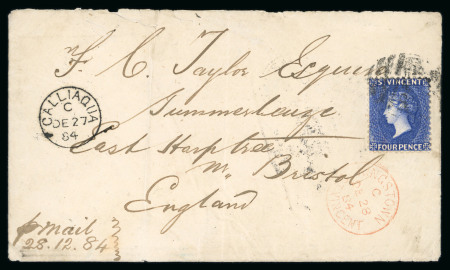 Stamp of St. Vincent Saint Vincent 1884  Calliaqua to Bristol England 4d envelope