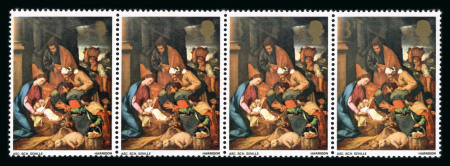 Stamp of Great Britain » Queen Elizabeth II 1967 Christmas, Paintings 3d mint n.h. strip of four with progress omission of the gold print resulting in the left hand stamp with gold (value only) omitted variety