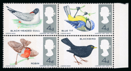 Stamp of Great Britain » Queen Elizabeth II 1966 Birds 4d mint n.h. se-tenant block of four (phosphor) with bistre omitted