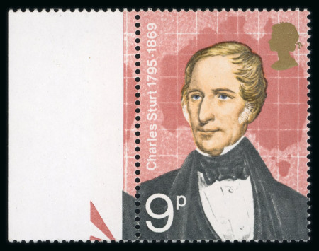 Stamp of Great Britain » Queen Elizabeth II 1973 British Explorers 9p with brown-red (rivers on map) omitted variety, mint n.h.