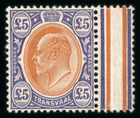 Stamp of South Africa » Transvaal » 1902-03 Watermark Crown CA » Issued Stamps  1903 £5 orange-brown and violet mint with interpanneau margin at right