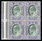 Stamp of South Africa » Transvaal » 1902-03 Watermark Crown CA » Issued Stamps  1903 £1 green & violet mint n.h. block of four, deep shade