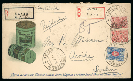 Stamp of Mongolia 1912 (Aug 6) "Three Castles Cigarettes" printed advertising cover sent registered from Urga to Sweden