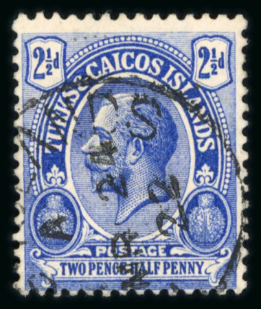 Stamp of Turks and Caicos Islands 1921 2 1/2d bright blue with watermark reversed, neatly used