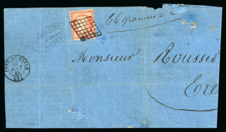 Stamp of France » Type Cérès de 1849-1850 1849, Cérès Y&T n°7 1fr vermillon oblitéré grille sur