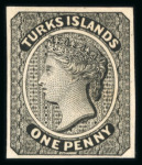 Stamp of Turks and Caicos Islands 1867 1d plate proof in black on thick paper, plus two reprinted die proofs of the Queen's head