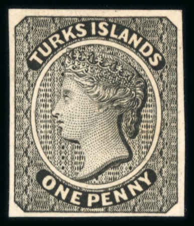 Stamp of Turks and Caicos Islands 1867 1d plate proof in black on thick paper, plus two reprinted die proofs of the Queen's head