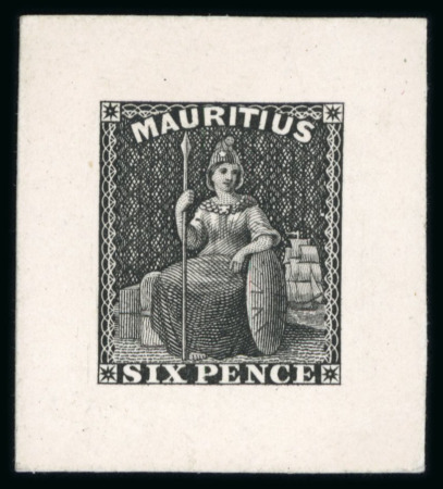 Stamp of Mauritius » 1858-62 Britannia Issues (SG 26-35) 1859-61 Britannia 6d die proof in black on India paper mounted on card