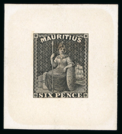 Stamp of Mauritius » 1858-62 Britannia Issues (SG 26-35) 1859-61 Britannia 6d die proof in black on India paper, cut to stamp-size, mounted on card