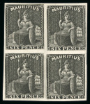 Stamp of Mauritius » 1858-62 Britannia Issues (SG 26-35) 1859-61 Britannia 6d plate proof block of four in black on stout wove paper