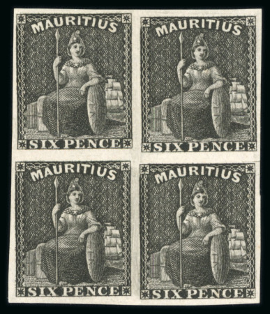 Stamp of Mauritius » 1858-62 Britannia Issues (SG 26-35) 1859-61 Britannia 6d plate proof block of four in black on stout wove paper