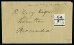 Stamp of Turks and Caicos Islands 1893 1/2d on 4d grey, setting 4 (bars 11mm apart) tied to wrapper sent by "T1" barred oval, sent inter-island to Bermuda