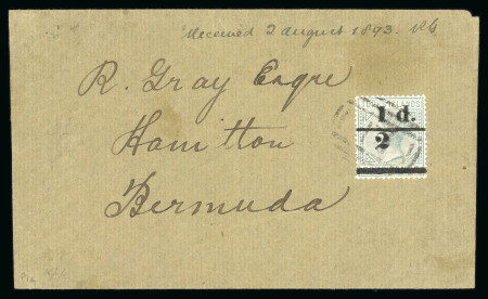 Stamp of Turks and Caicos Islands 1893 1/2d on 4d grey, setting 4 (bars 11mm apart) tied to wrapper sent by "T1" barred oval, sent inter-island to Bermuda