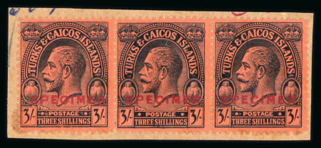 Stamp of Turks and Caicos Islands 1922-26 1/4d to 3s (missing 1 1/2d) with "SPECIMEN" overprints in strips of three affixed to small archive pieces