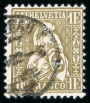 Stamp of Switzerland / Schweiz » Sitzende Helvetia Gezaehnt » Briefmarken 1881 Faserpapier 1882, 1 Fr. golden auf Faserpapier, leicht entwertet mit schwarzem Stempel « (HERI)SAU … V 82-6 »