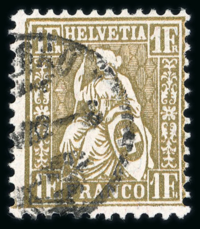 Stamp of Switzerland / Schweiz » Sitzende Helvetia Gezaehnt » Briefmarken 1881 Faserpapier 1882, 1 Fr. golden auf Faserpapier, leicht entwertet mit schwarzem Stempel « (HERI)SAU … V 82-6 »