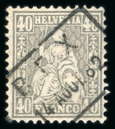 Stamp of Switzerland / Schweiz » Sitzende Helvetia Gezaehnt » Briefmarken 1881 Faserpapier 1882, 40 Rp. grau auf Faserpapier, zentrisch entwertet mit schwarzem Kastenstempel « BEX 14 AOUT 82 »