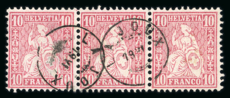 Stamp of Switzerland / Schweiz » Sitzende Helvetia Gezaehnt » Briefmarken 1867-1878 1867, 10 Rp. rot im Dreierstreifen, leicht und sauber entwertet mit schwarzem Zwergstempel « LA JOUX 19 VI »