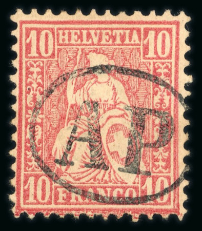 Stamp of Switzerland / Schweiz » Sitzende Helvetia Gezaehnt » Briefmarken 1867-1878 1867, 10 Rp. rot, klar und zentrisch entwertet mit schwarzem AP im Oval