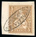 Stamp of Switzerland / Schweiz » Sitzende Helvetia Gezaehnt » Briefmarken 1862 1867, 5 Rp. braun auf kleinem Briefstück mit Tessiner Strahlenstempel