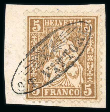 Stamp of Switzerland / Schweiz » Sitzende Helvetia Gezaehnt » Briefmarken 1862 1867, 5 Rp. braun auf kleinem Briefstück mit Tessiner Strahlenstempel