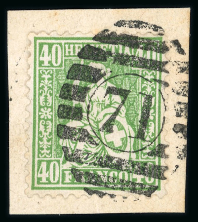 Stamp of Switzerland / Schweiz » Sitzende Helvetia Gezaehnt » Briefmarken 1862 1863, 40 Rp. grün auf kleinem Briefstück, zentrisch entwertet mit schwarzem « Killer-Stempel » von London East Central District